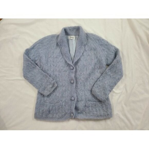 Vintage 70s Bamberger's Women's LARGE Blue Wool Cardigan Sweater Lined Button - Picture 1 of 7